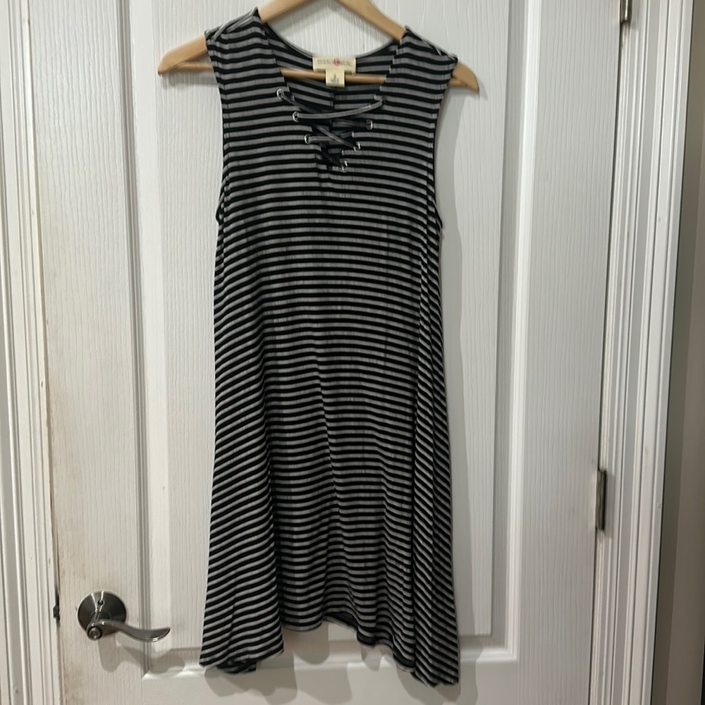 Wishful park Sz S black/white striped lace neckline sleeveless swing dress